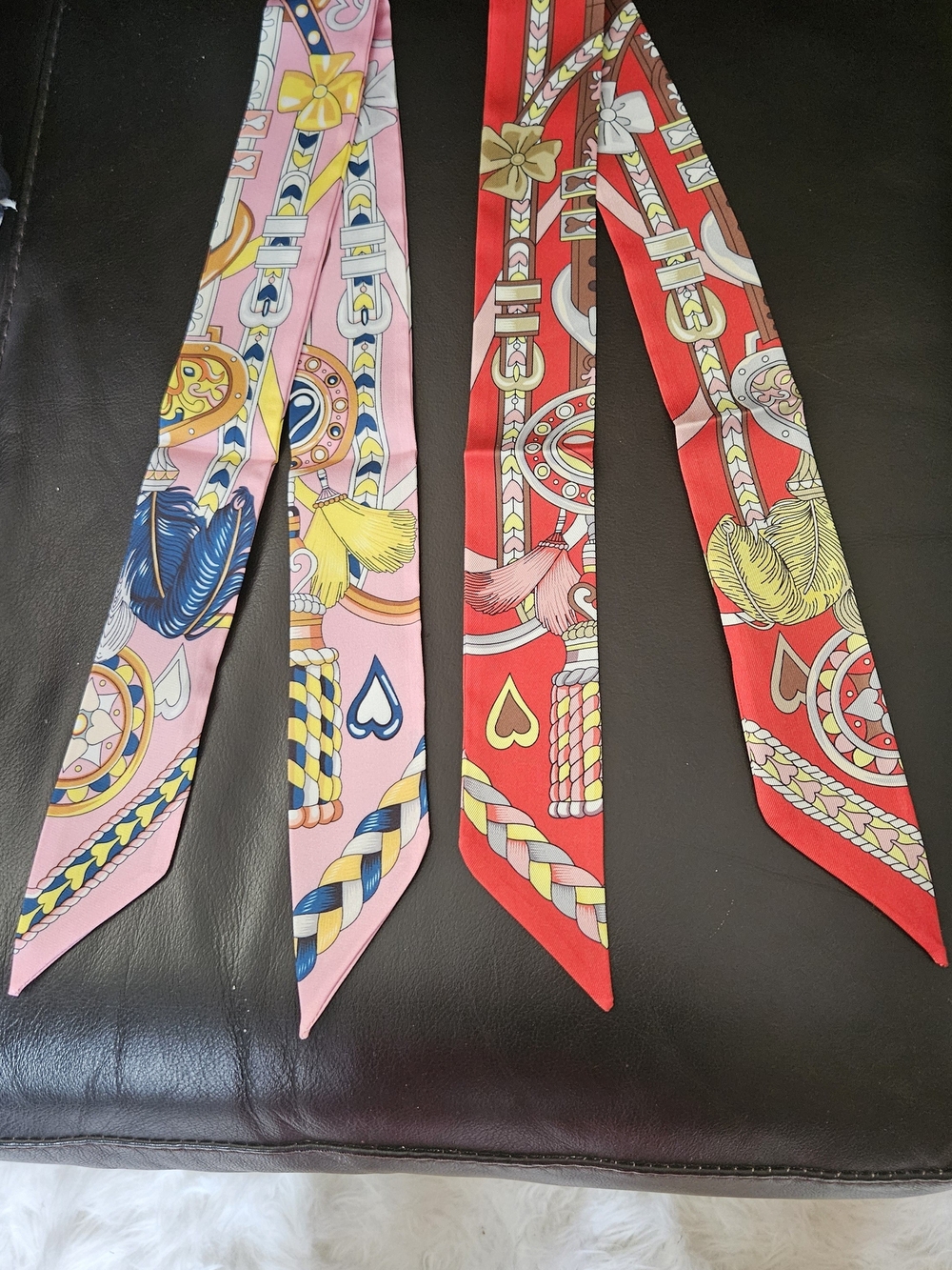 Hermes Like Silk-Blend Pink and Red Printed Twilly Scarves - Set of 2